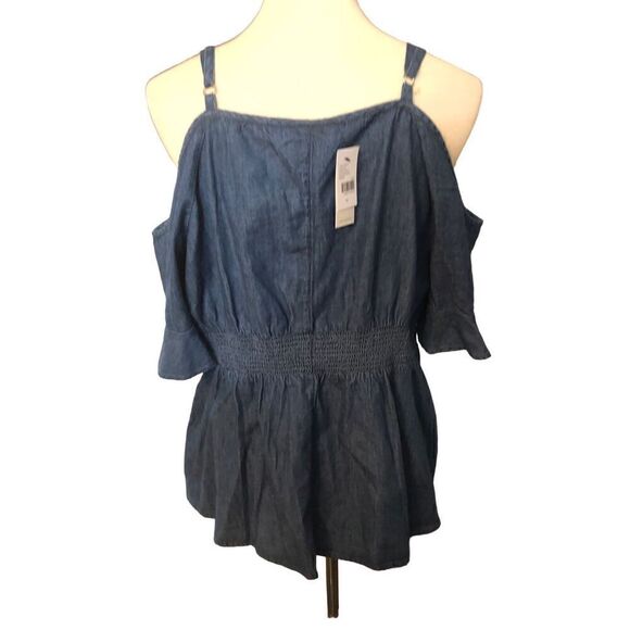 Lane Bryant Blouse Denim Top Smocked Waist Off Cold Shoulder jean shirt top - Picture 8 of 14